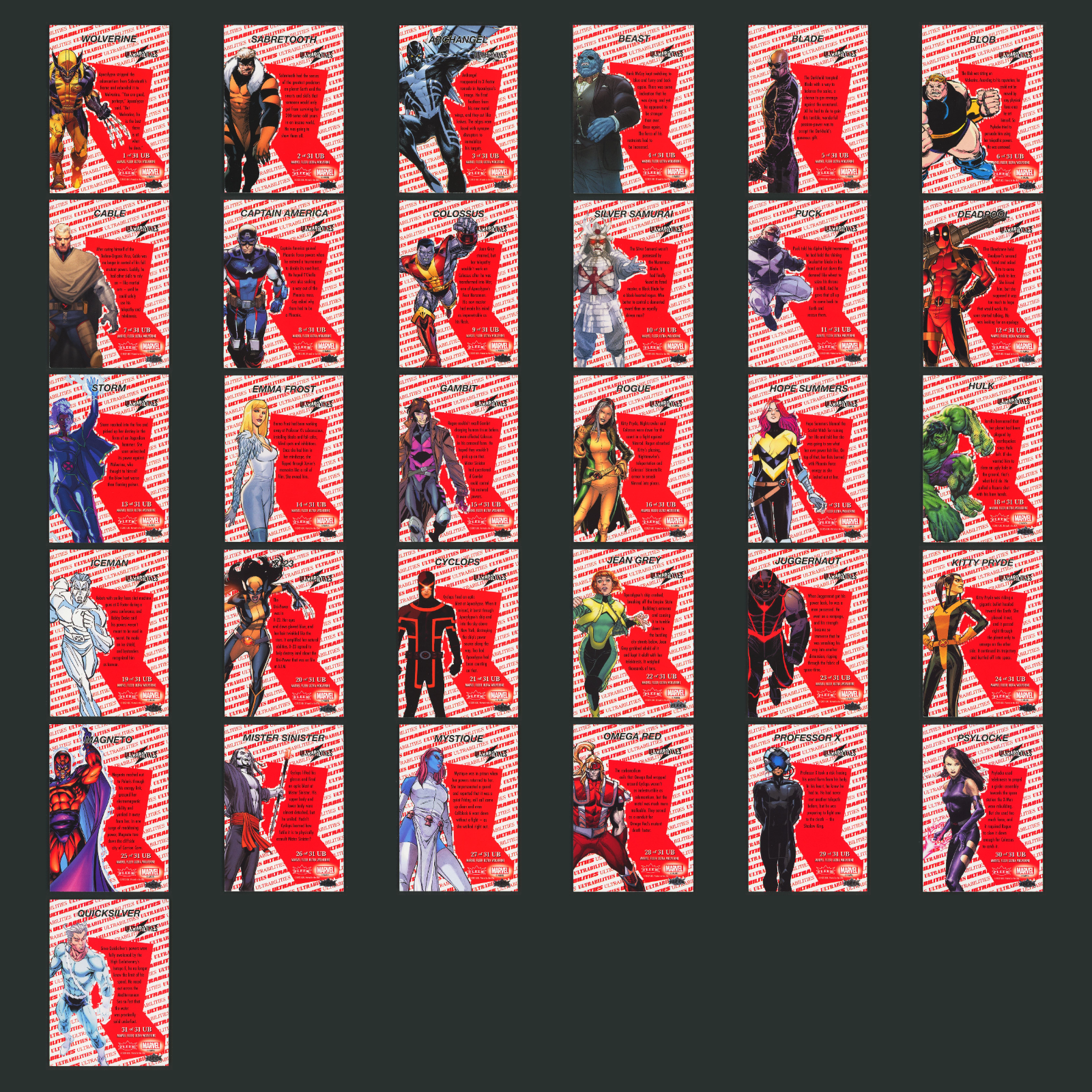 2022 Fleer Ultra Wolverine Ultrabilities Complete Set 31 Cards Deadpool X23 Hulk