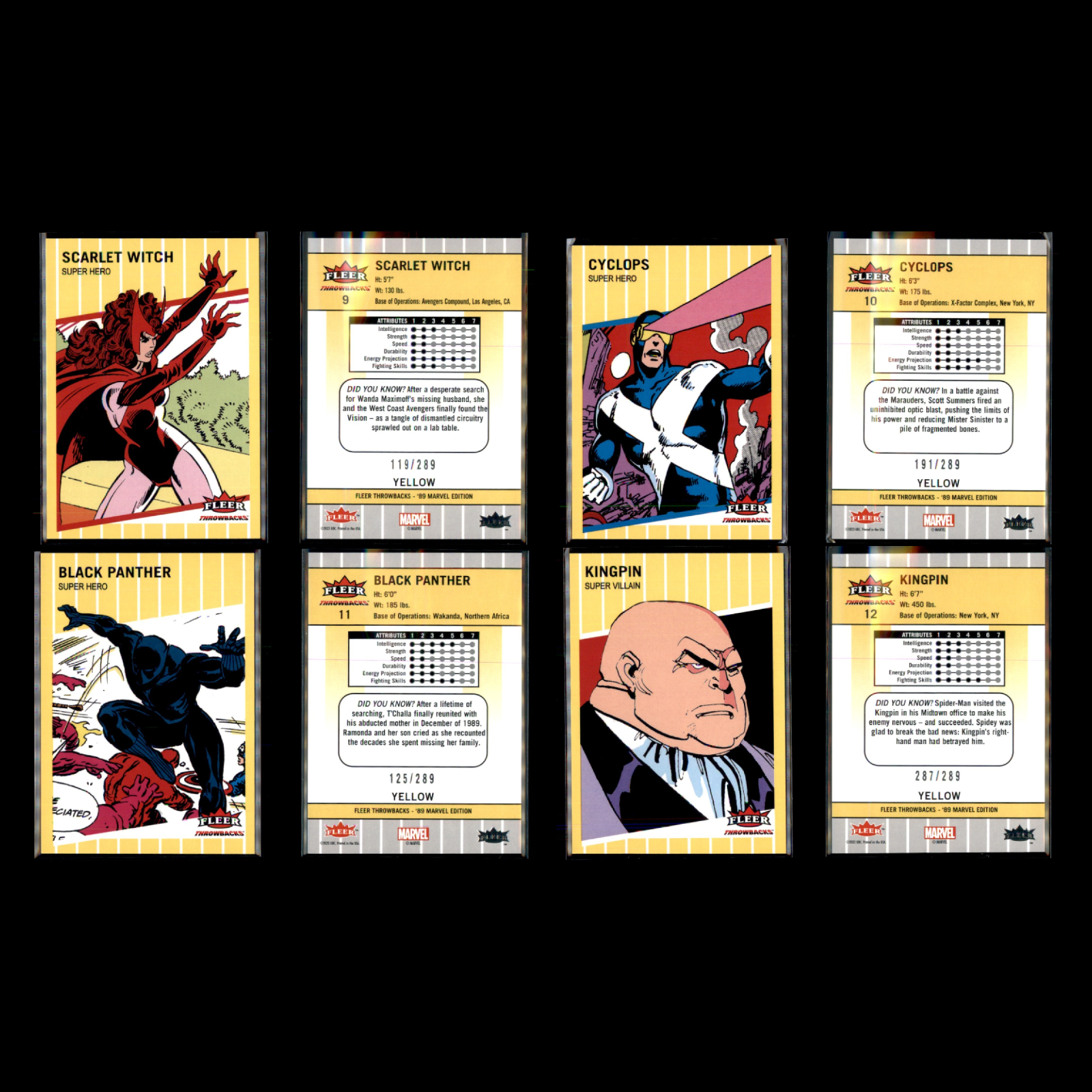 2023 Upper Deck 89 Fleer Marvel Throwbacks Yellow Complete Set #/289 30 Cards NM