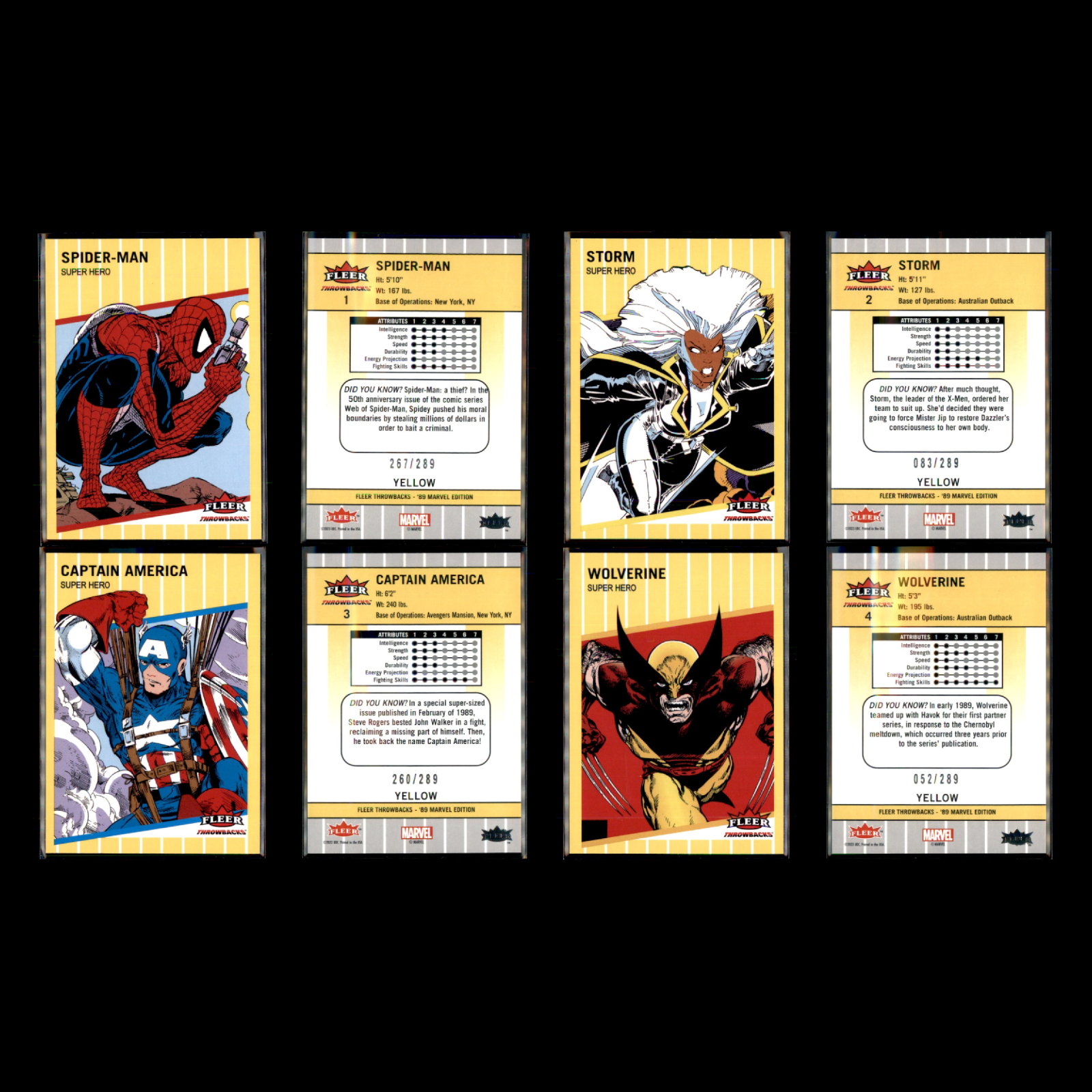 2023 Upper Deck 89 Fleer Marvel Throwbacks Yellow Complete Set #/289 30 Cards NM