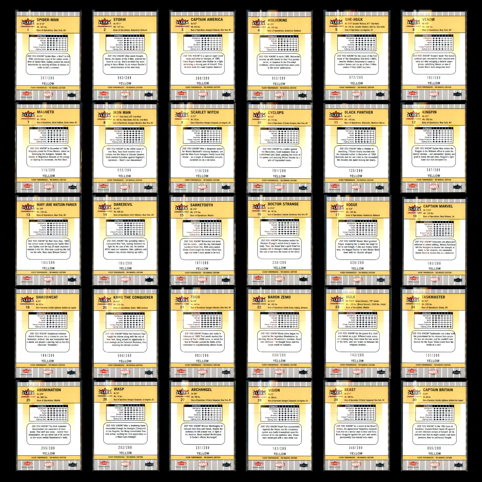 2023 Upper Deck 89 Fleer Marvel Throwbacks Yellow Complete Set #/289 30 Cards NM