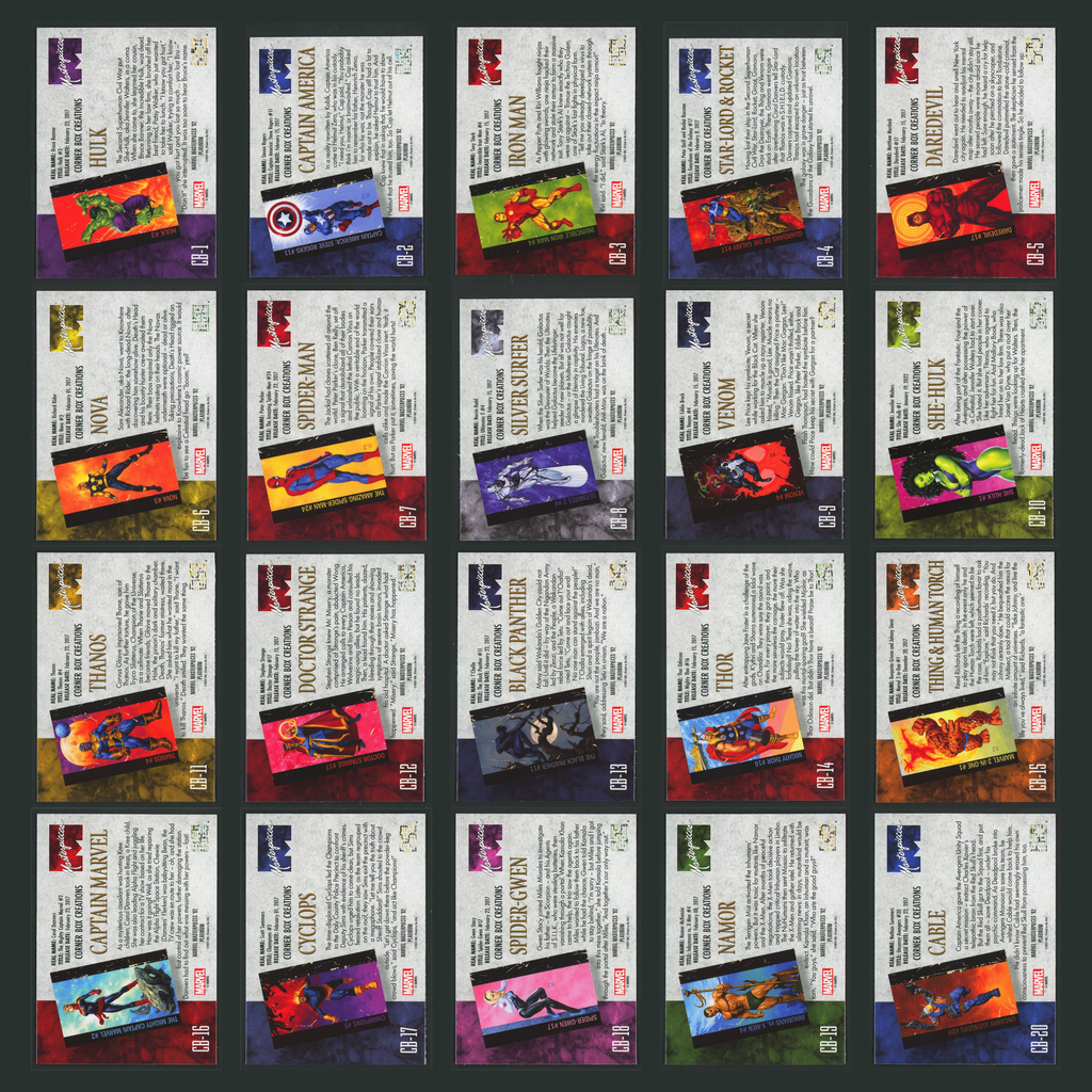 Corner Box Creations Complete Set #CB1-CB20 2024 Marvel Masterpieces 92 Platinum