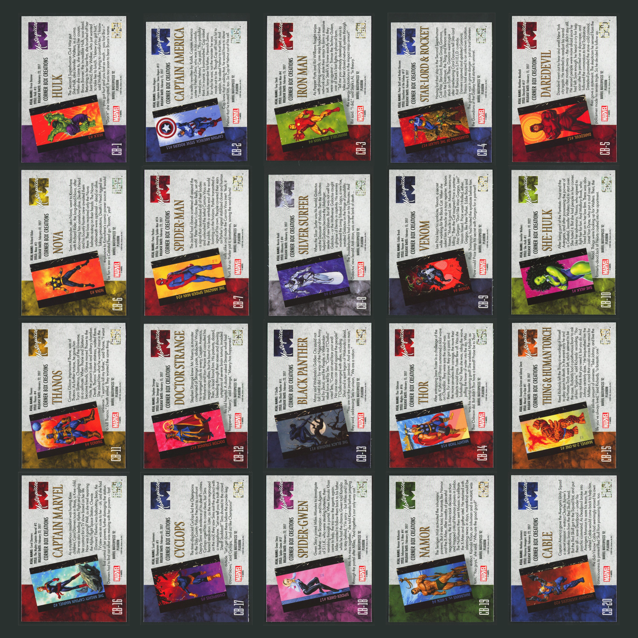 Corner Box Creations Complete Set #CB1-CB20 2024 Marvel Masterpieces 92 Platinum