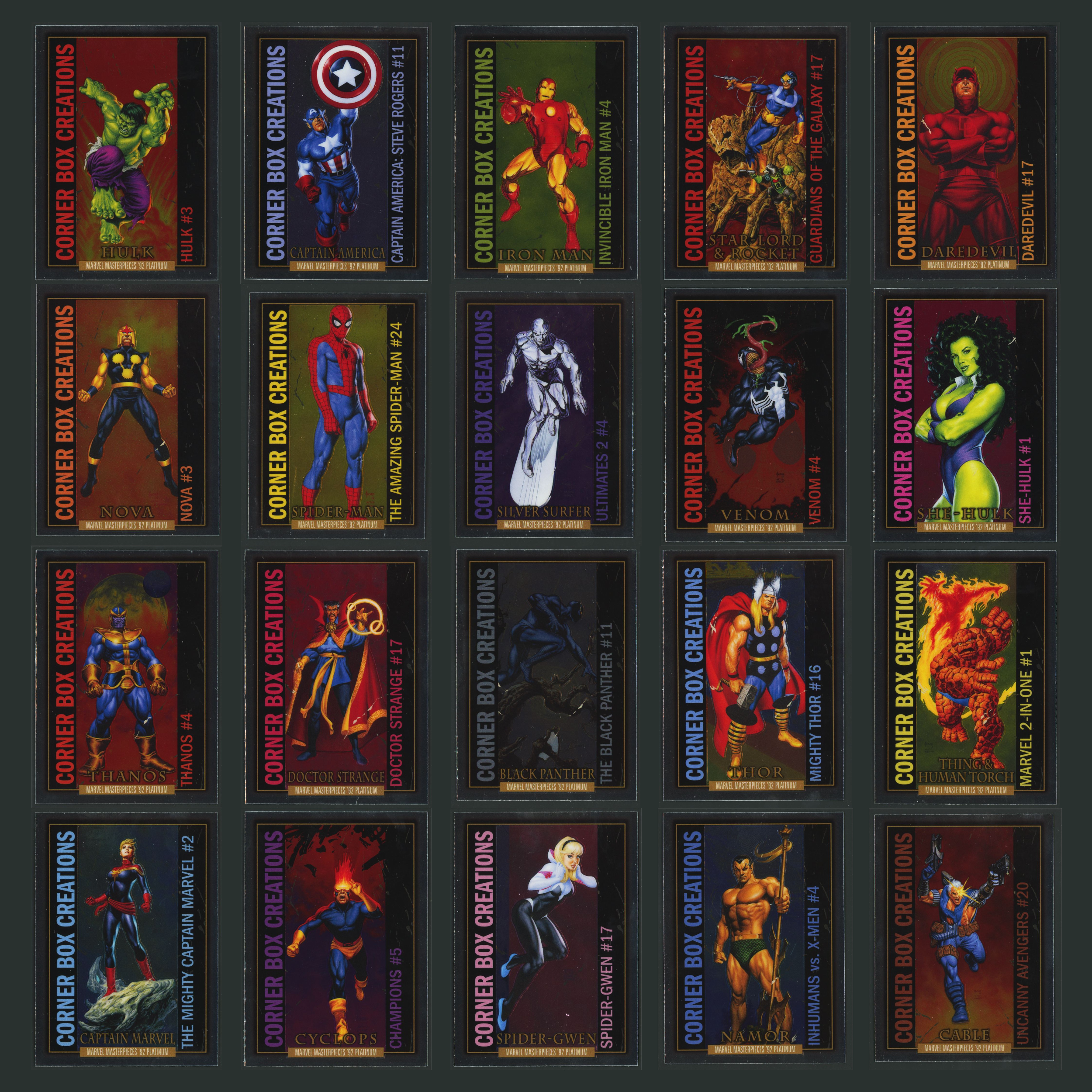 Corner Box Creations Complete Set #CB1-CB20 2024 Marvel Masterpieces 92 Platinum