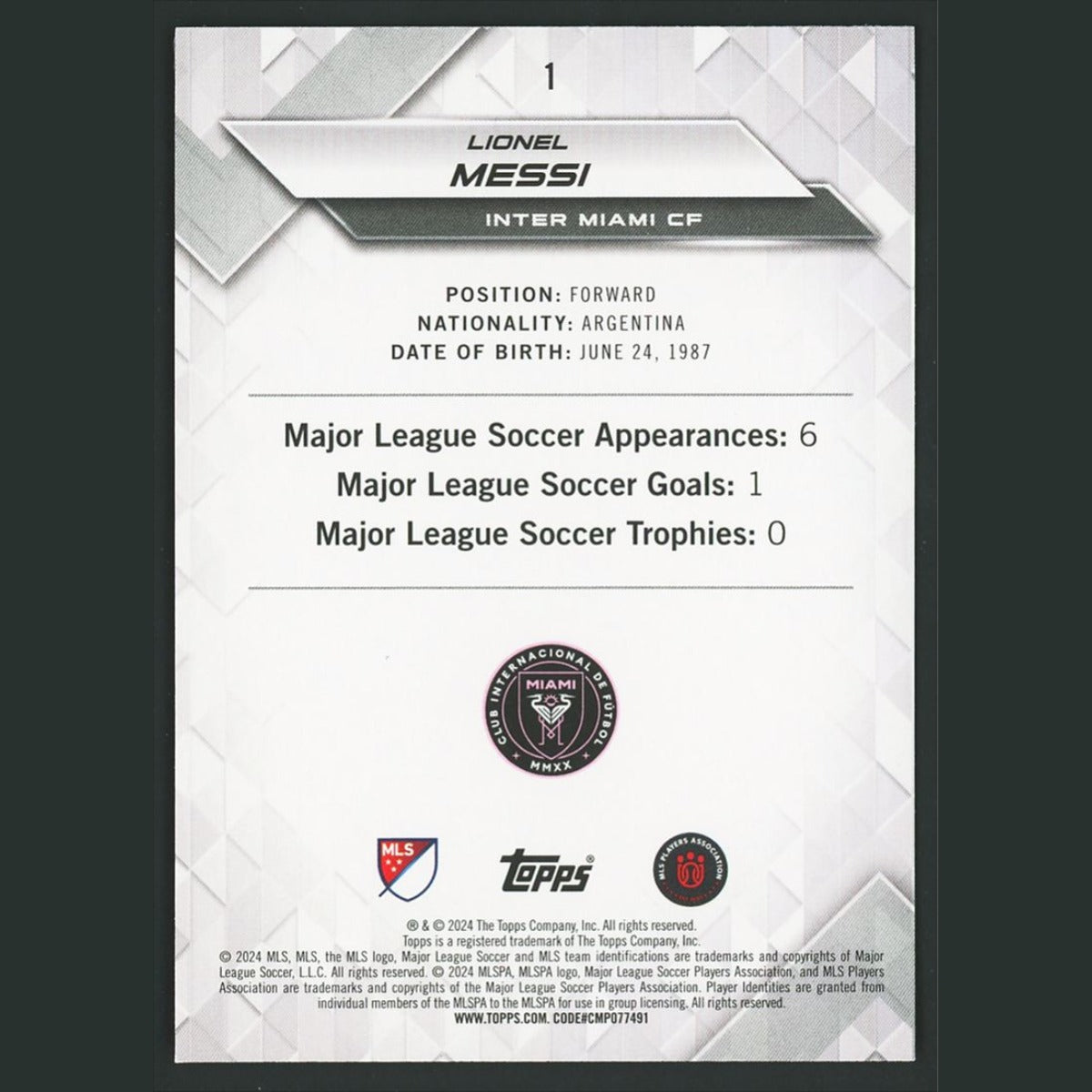 Lionel Messi #1 2024 Topps MLS Superstars Yellow Variation Inter Miami CF Soccer