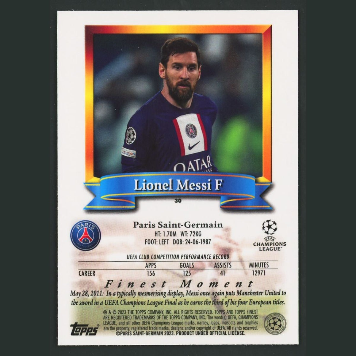 Lionel Messi #30 2022 Topps Finest Flashbacks UEFA Paris Saint-Germain Soccer