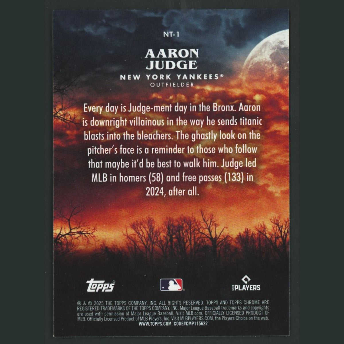 Aaron Judge #NT-1 2025 Topps Chrome Update Night Terrors New York Yankees Card