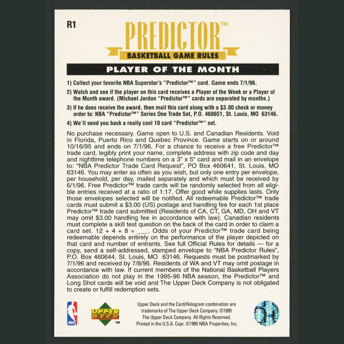 Michael Jordan #R1 1995-96 Upper Deck Predictors Player of the Month Bulls Card