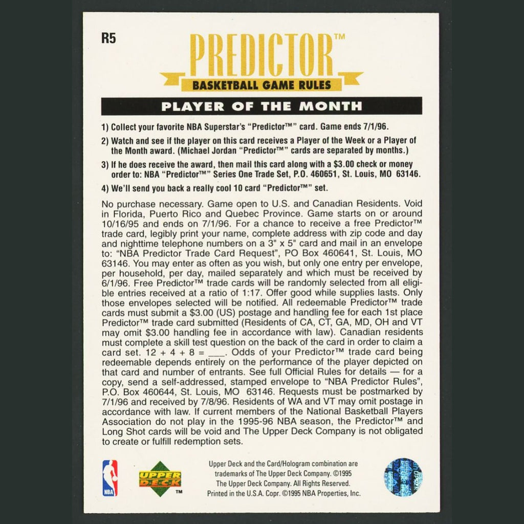 Michael Jordan #R5 1995-96 Upper Deck Predictors Player of the Month Bulls Card
