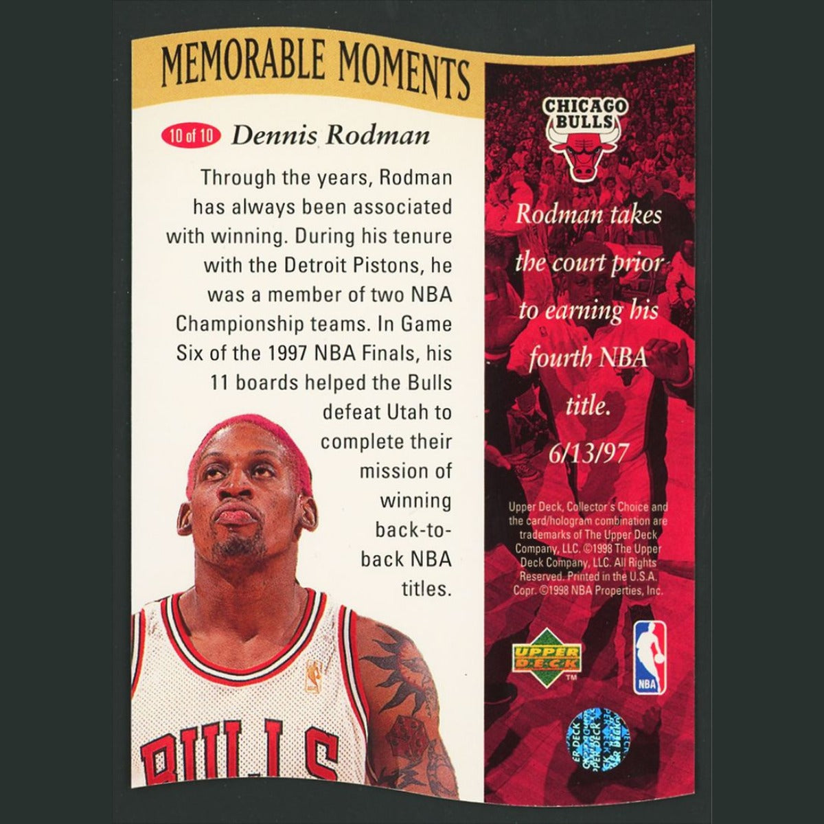 Dennis Rodman #10 1997-98 Collectors Choice Memorable Moments Chicago Bulls Card