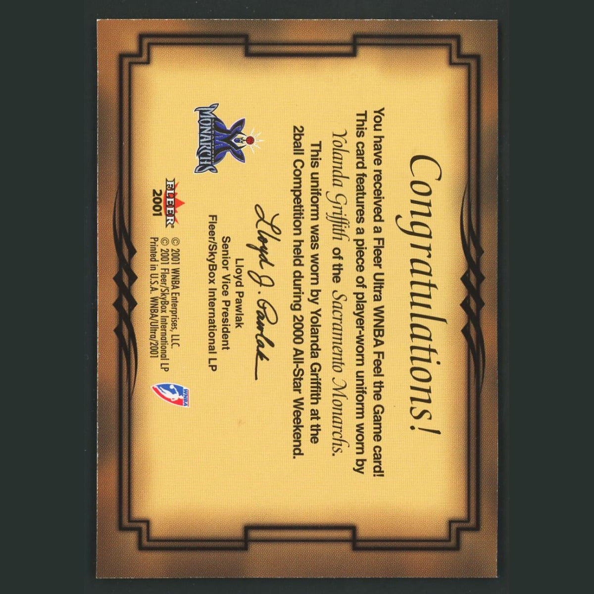 Yolanda Griffith Patch 2001-02 Fleer Feel The Game Sacramento Monarchs Card NBA