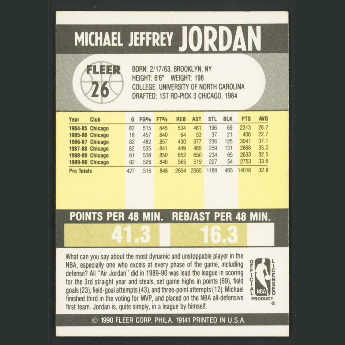 Michael Jordan #26 1990-91 Fleer Chicago Bulls Basketball Card NBA