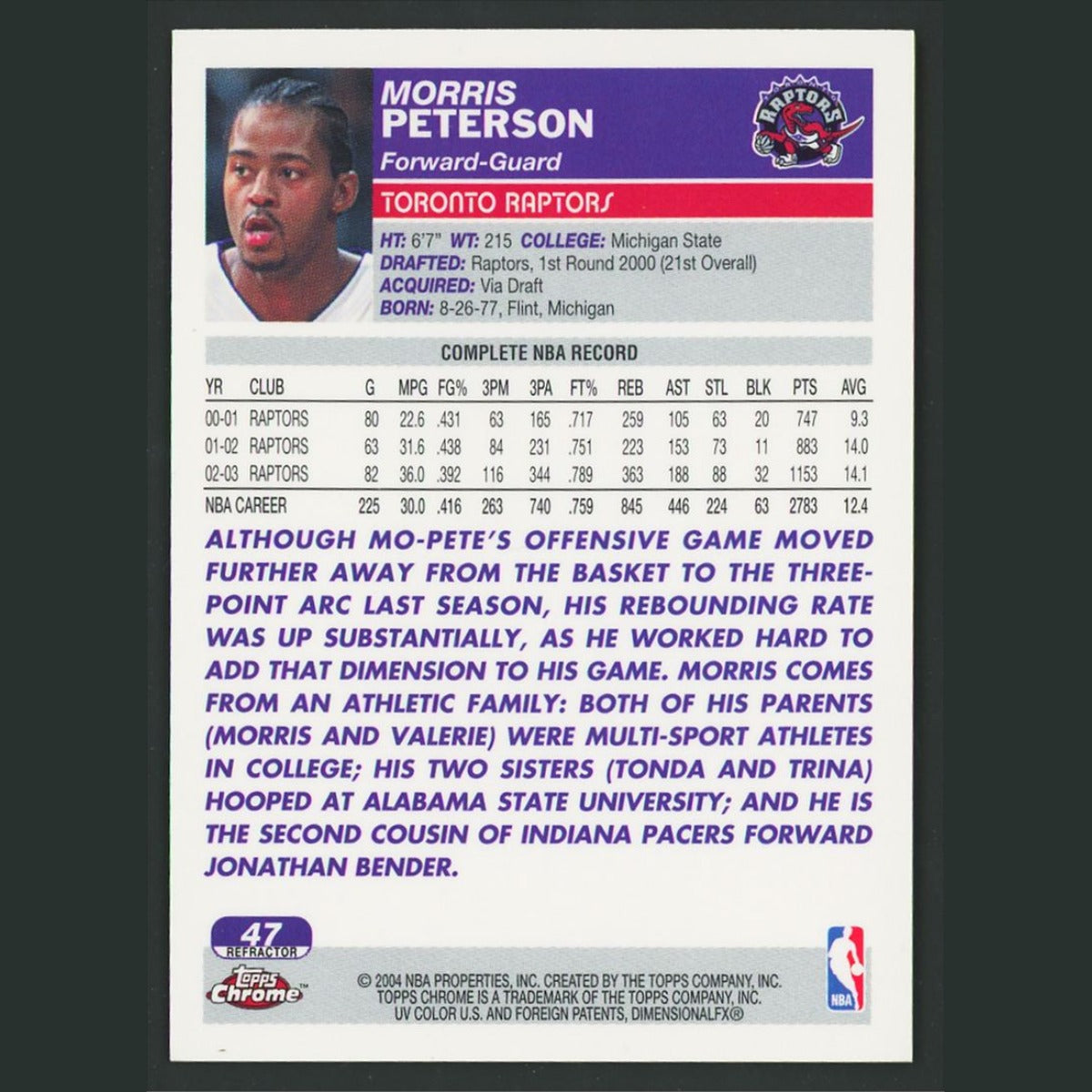 Morris Peterson #47 2004-05 Topps Chrome Refractor Toronto Raptors Basketball