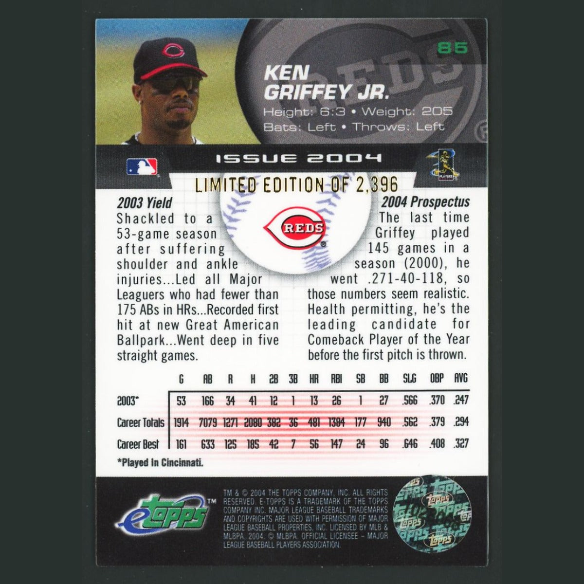 Ken Griffey Jr /2396 #85 2004 Topps eTopps Cincinnati Reds Baseball Card MLB