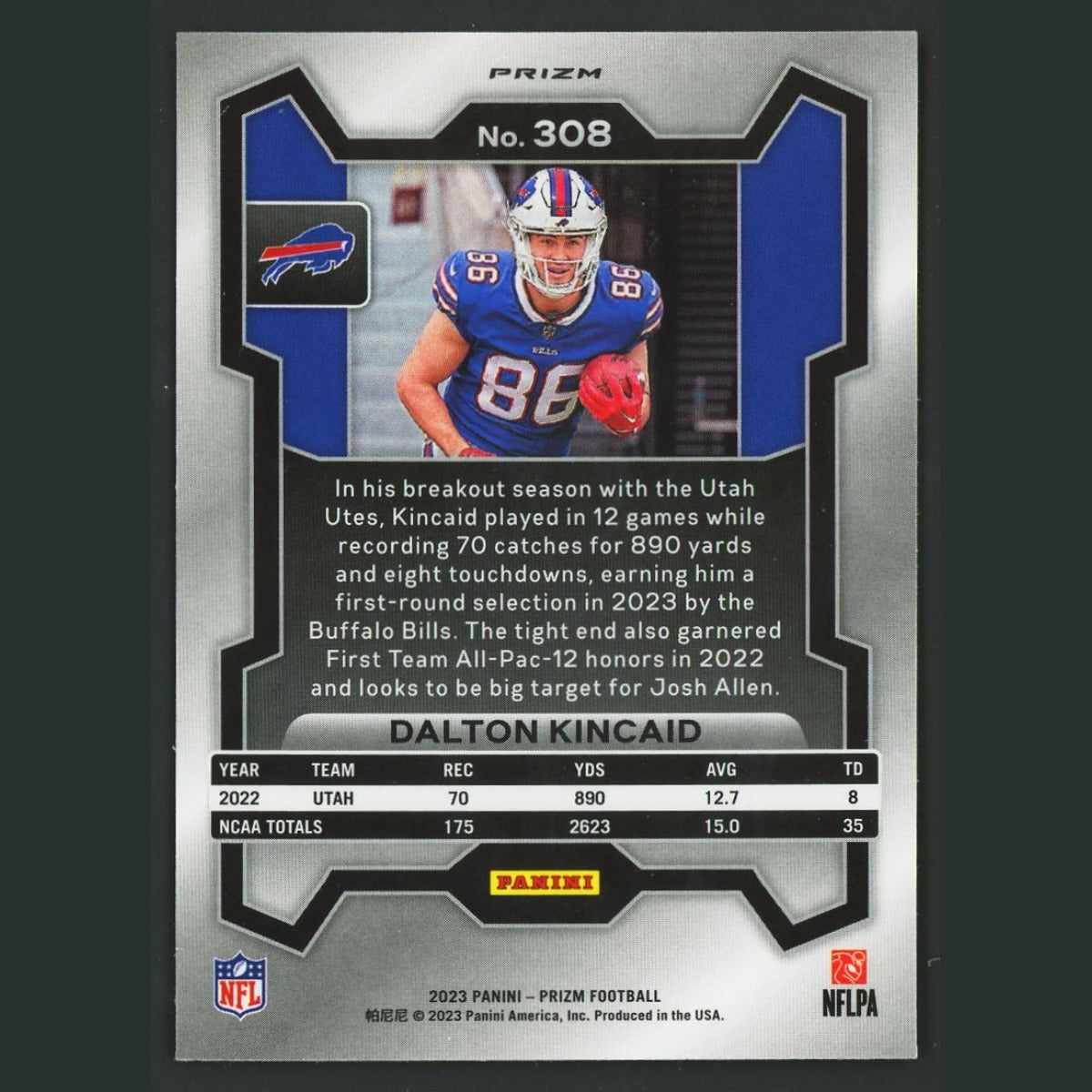 Dalton Kincaid Rookie #308 2023 Panini Prizm Red White Blue Buffalo Bills Card