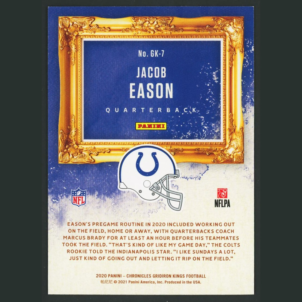 Jacob Eason /99 #GK-7 2020 Panini Chronicles Gridiron Kings Blue Colts Football