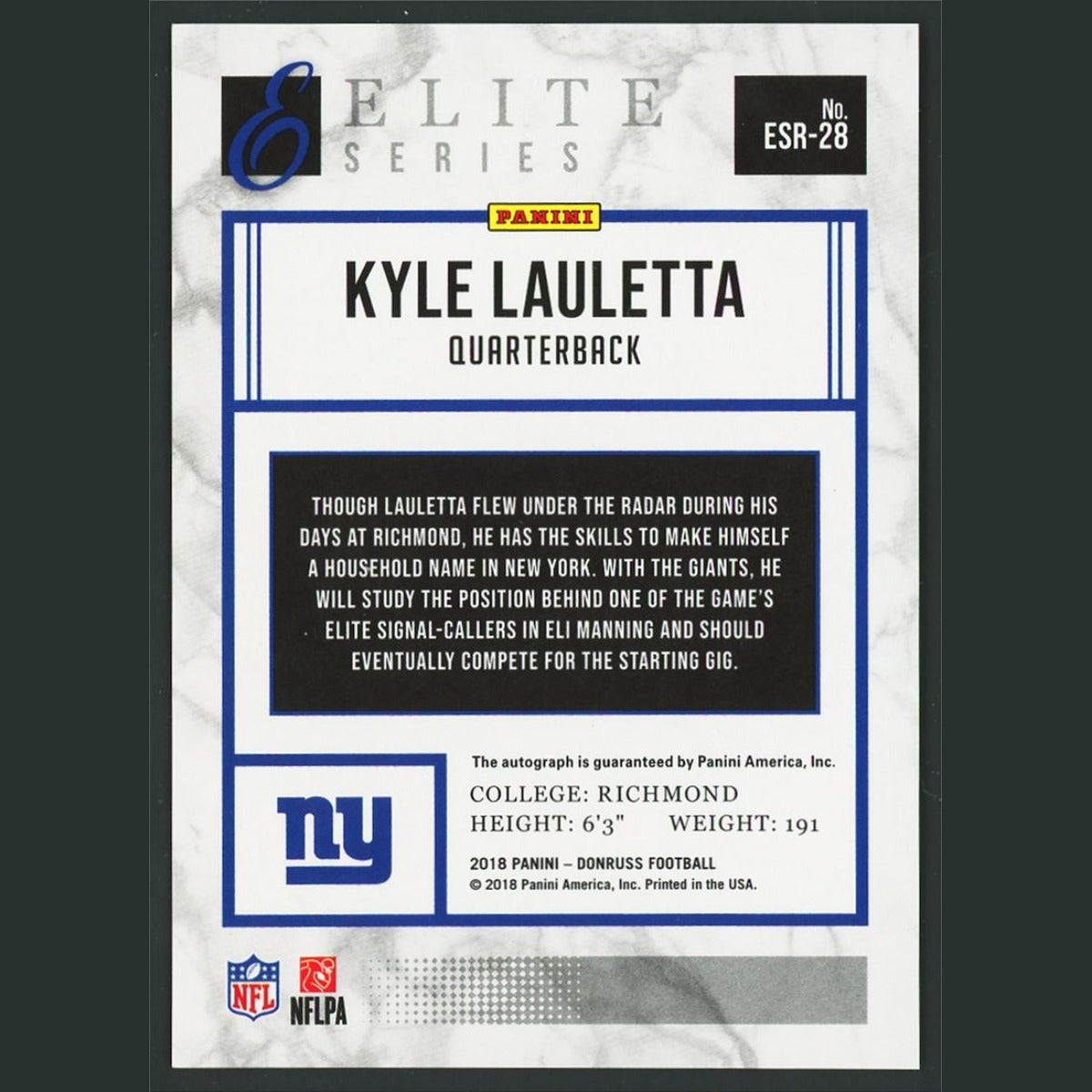 Kyle Lauletta Rookie /99 #ESR-28 Autograph 2018 Donruss The Elite Series Rookies