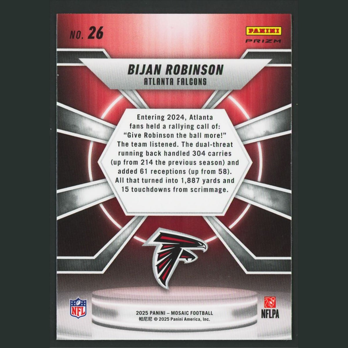 Bijan Robinson #26 2025 Panini Mosaic Center Stage Silver Prizm Atlanta Falcons