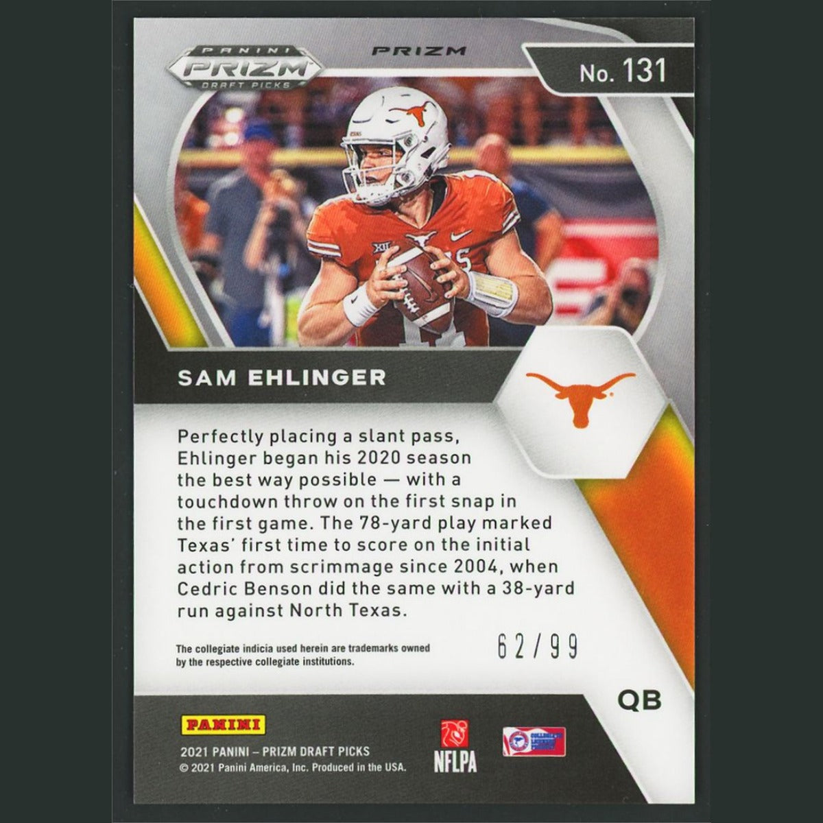 Sam Ehlinger /99 #131 2021 Panini Prizm Draft Picks Collegiate Blue Ice Football