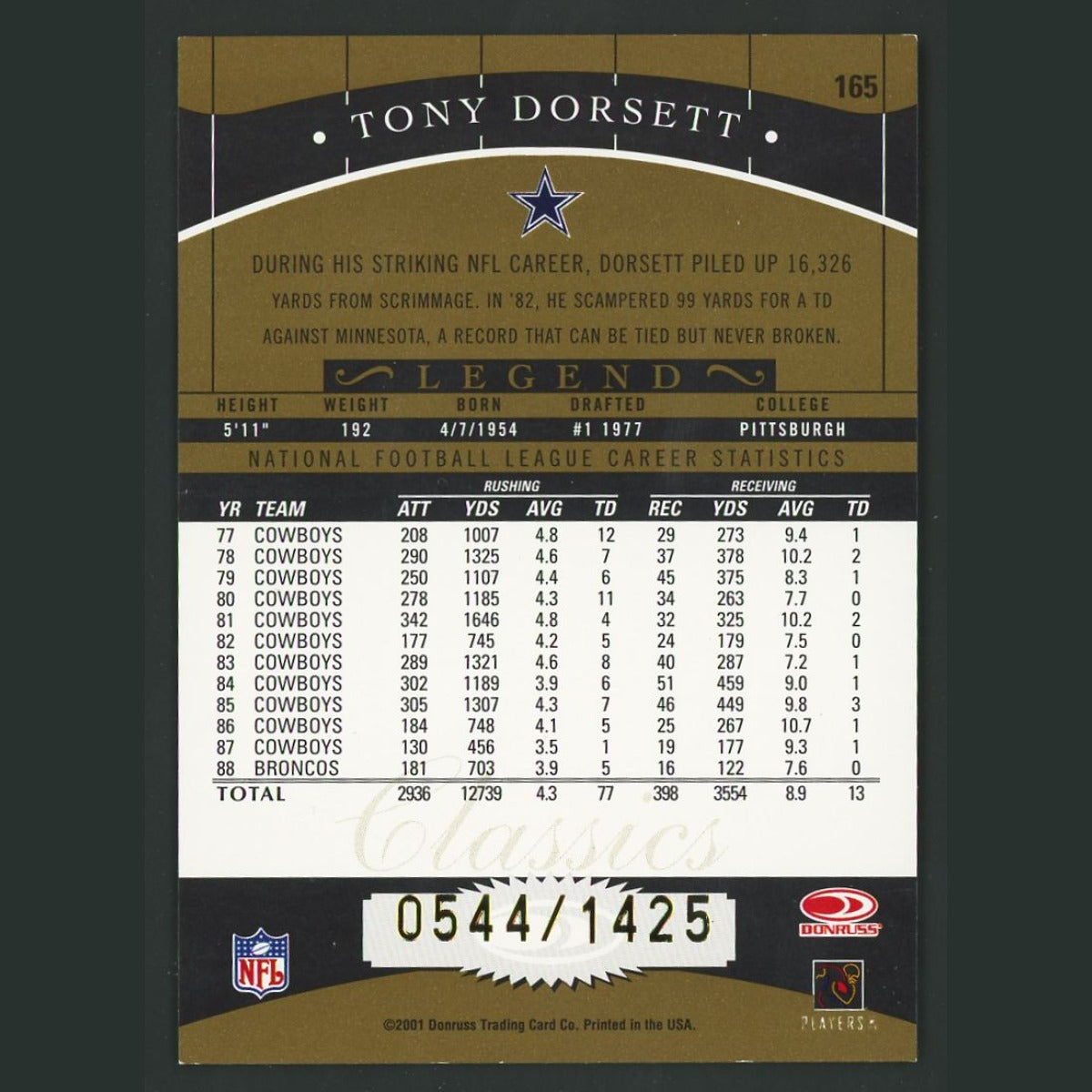 Tony Dorsett /1425 #165 2001 Donruss Classics Dallas Cowboys Football Card NFL
