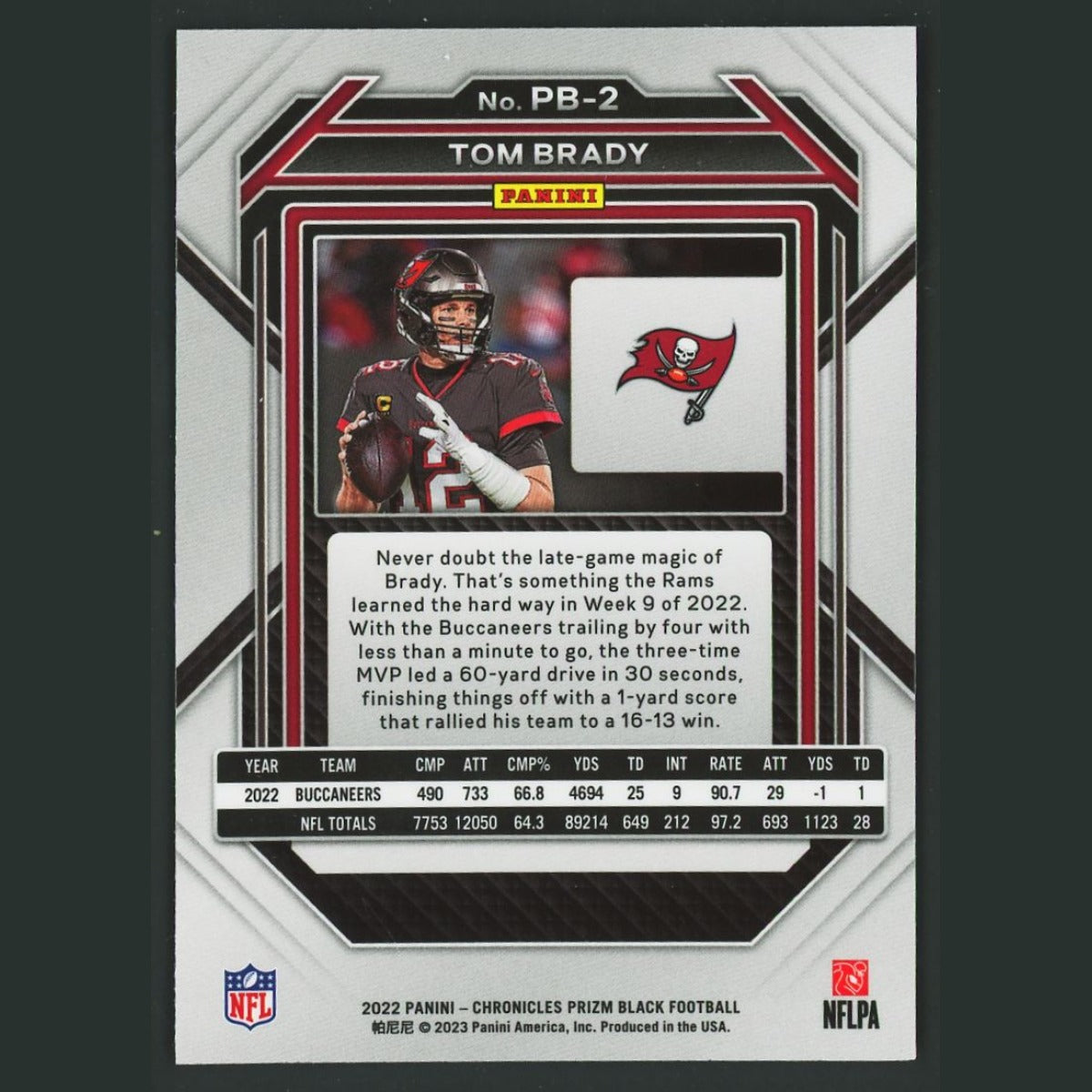 Tom Brady #PB-2 2022 Panini Chronicles Prizm Black Tampa Bay Buccaneers Football