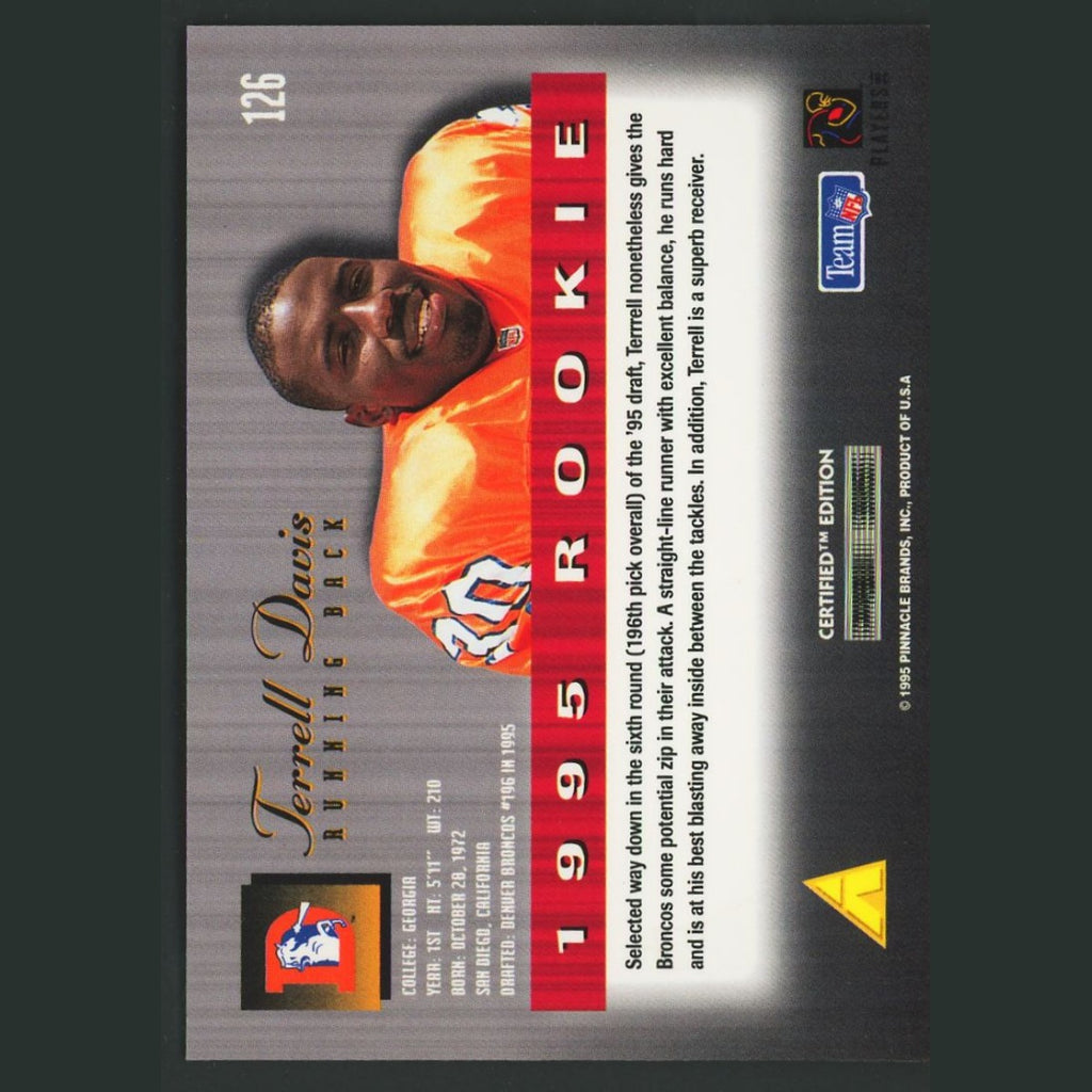 Terrell Davis Rookie #126 1995 Select Certified Edition Denver Broncos Football