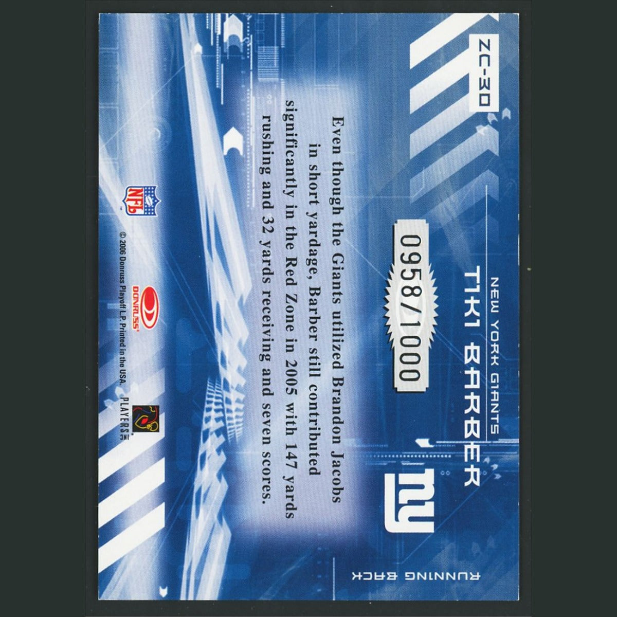 Tiki Barber /1000 #ZC-30 2006 Donruss Zoning Commission New York Giants Football