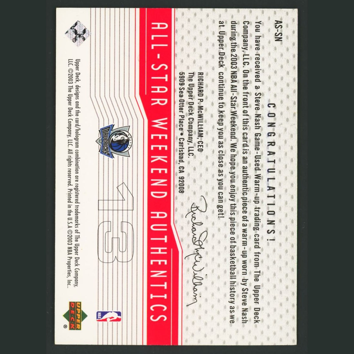 Steve Nash Patch #AS-SN 2003-04 Upper Deck All-Star Weekend Authentics Mavericks