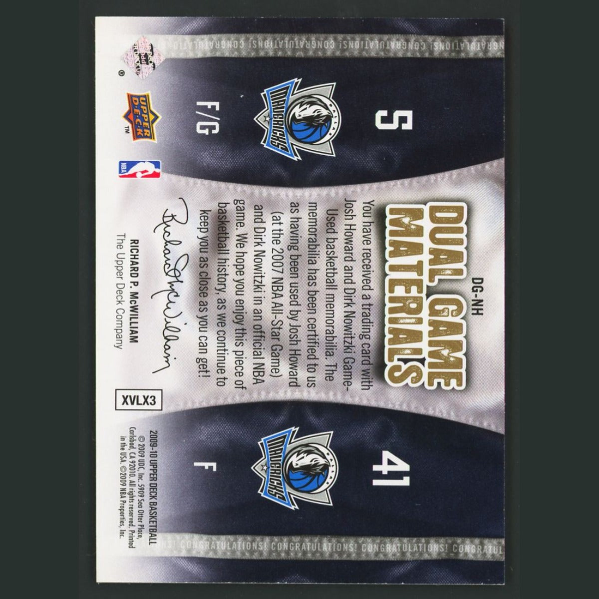 Dirk Nowitzki/Josh Howard Patch /150 #DG-NH 2009-10 Dallas Mavericks Basketball