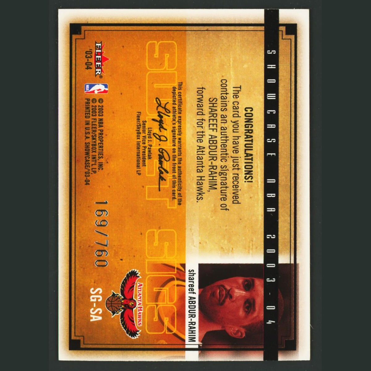 Shareef Abdur-Rahim /760 #SG-SA 2003-04 Fleer Sweet Sigs Atlanta Hawks Card NBA