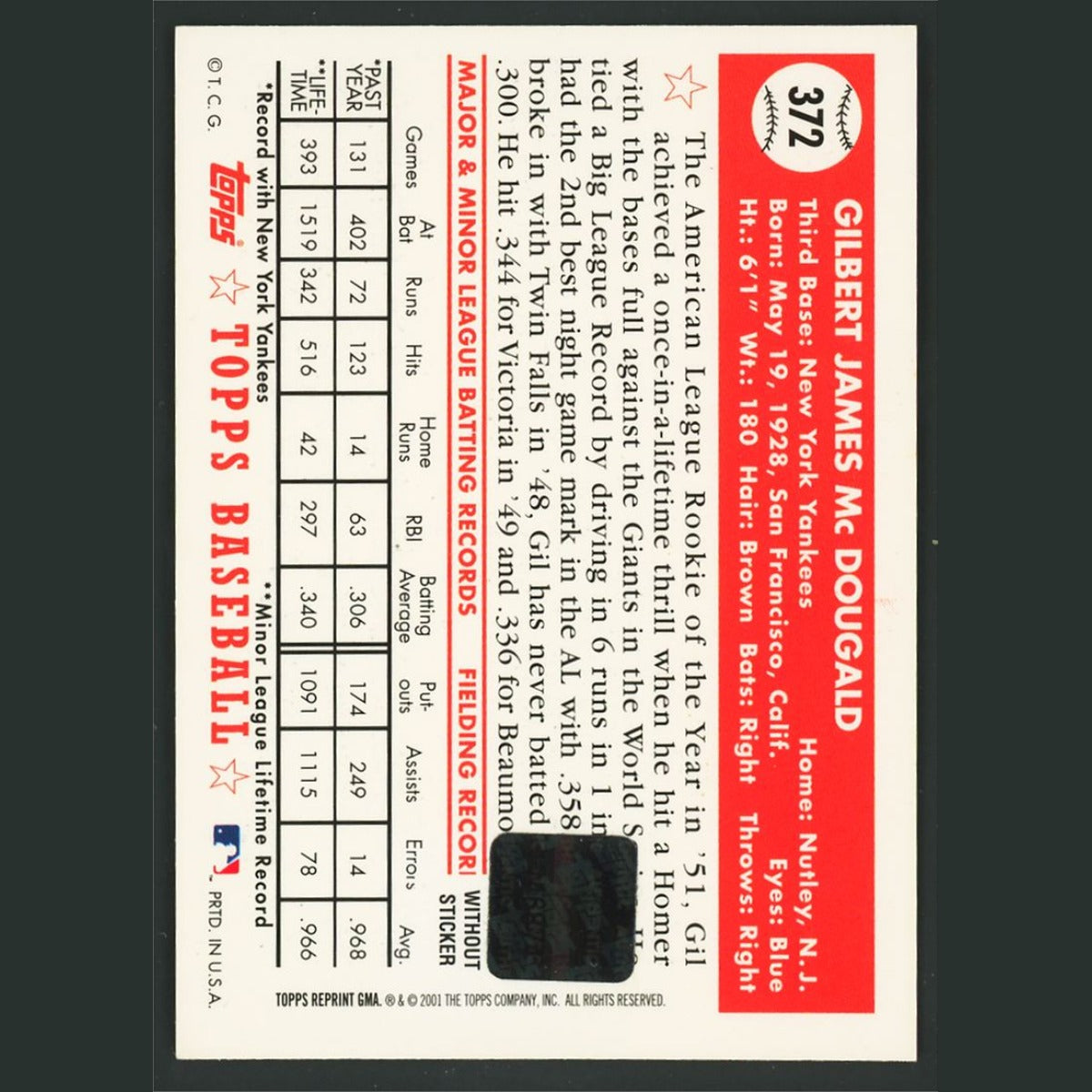 Gil McDougald Auto #372 Autograph 2001 Team Topps Legend Autographs Yankees Card