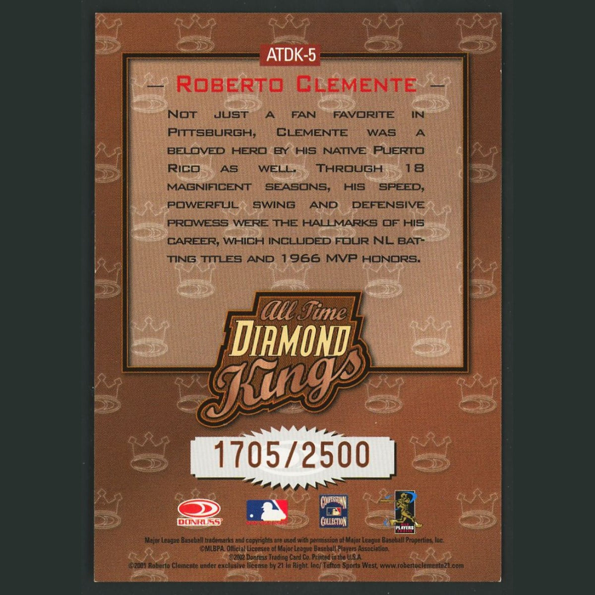 Roberto Clemente /2500 #ATDK-5 2002 Donruss All-Time Diamond Kings Pirates Card