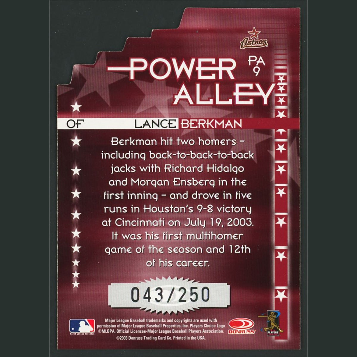 Lance Berkman /250 #9 2003 Donruss Power Alley Die-Cut Houston Astros Baseball