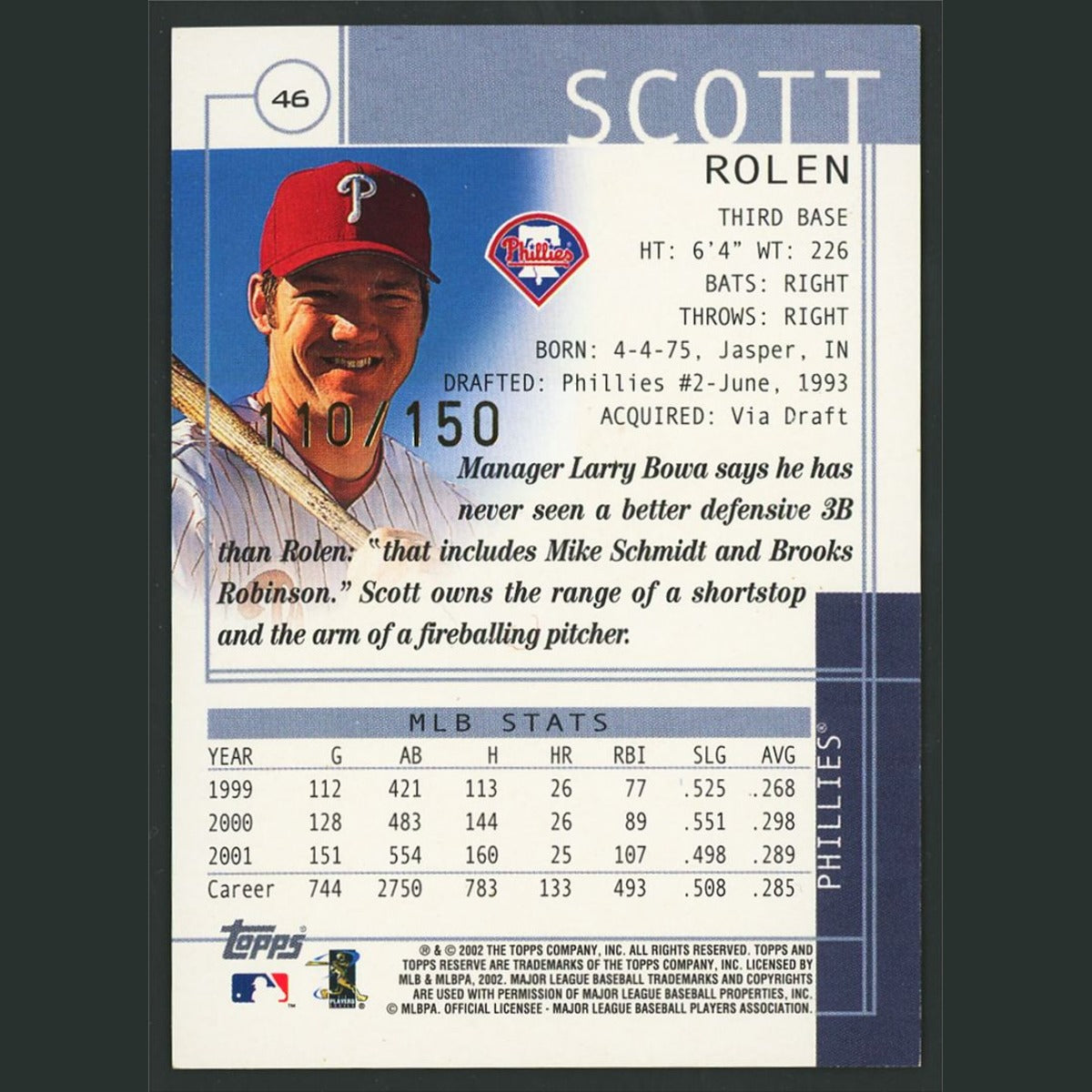 Scott Rolen /150 #46 2002 Topps Reserve Parallel Philadelphia Phillies Baseball