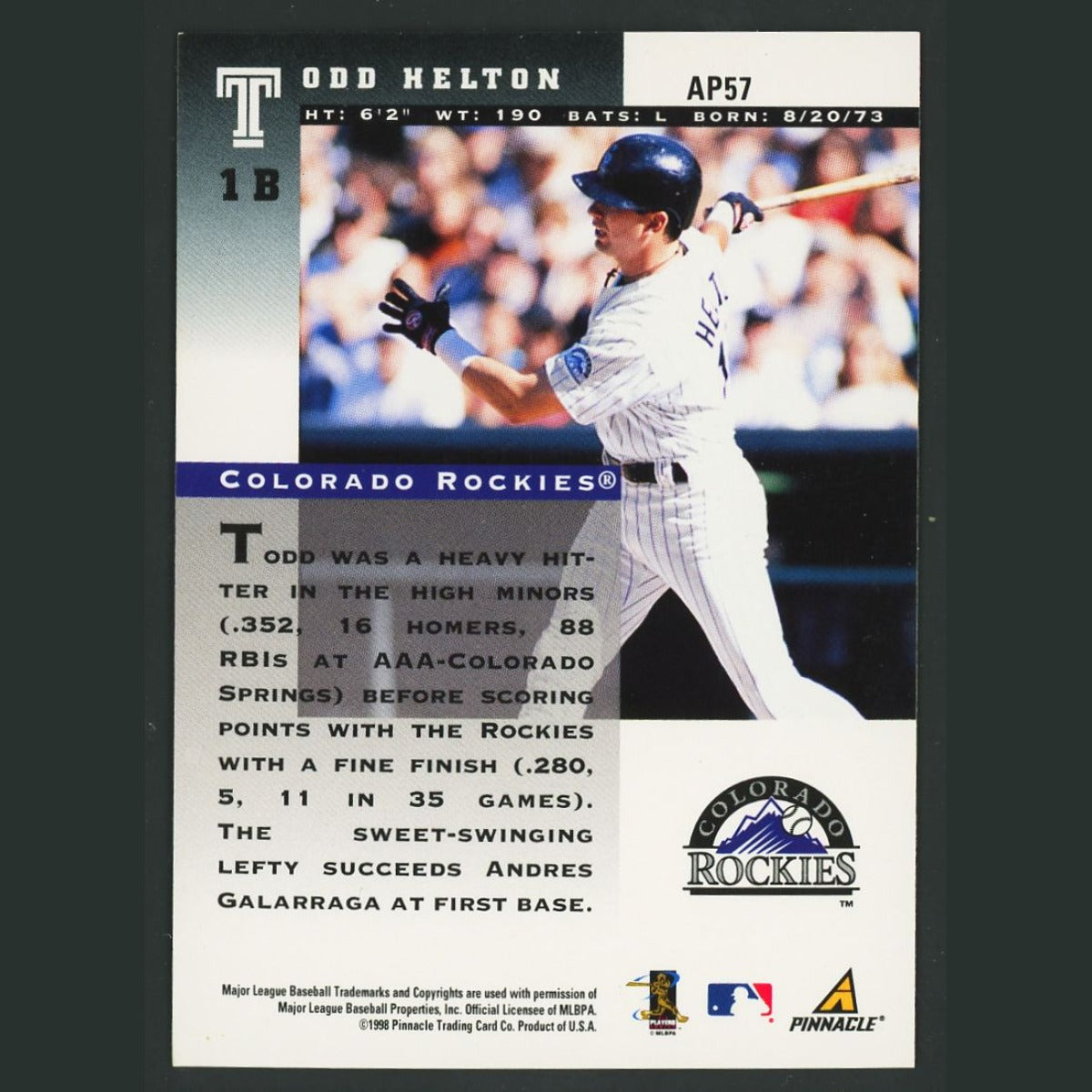 Todd Helton Rookie #AP57 1998 Pinnacle Plus Artists Proofs Colorado Rockies Card