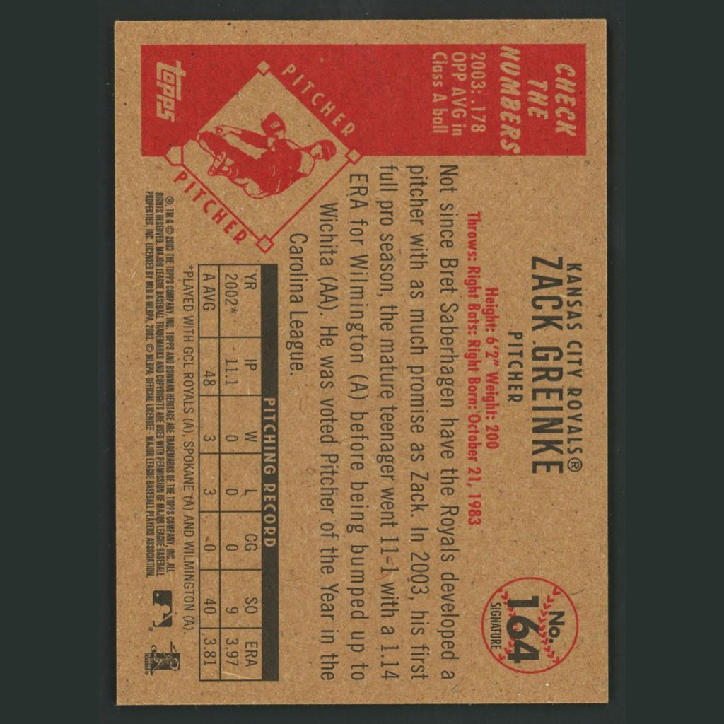 Zack Greinke #164 2003 Bowman Heritage Black Facsimile Signature Royals Baseball