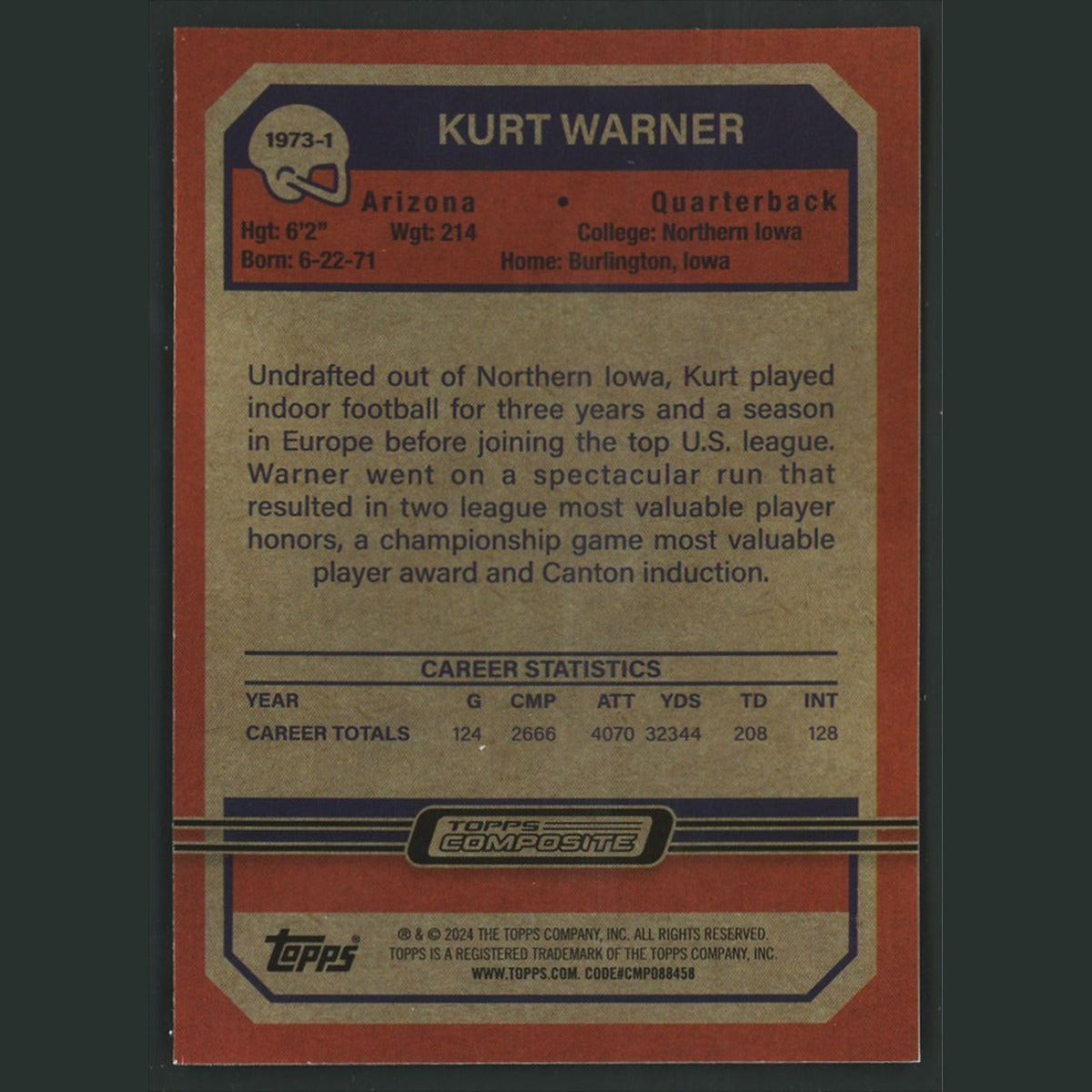 Kurt Warner #1973-1 2023 Topps Composite Football Pink Refractor Cardinals Card