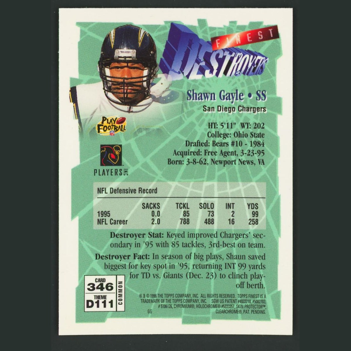 Shawn Gayle #346 1996 Finest San Diego Chargers Football Card NFL