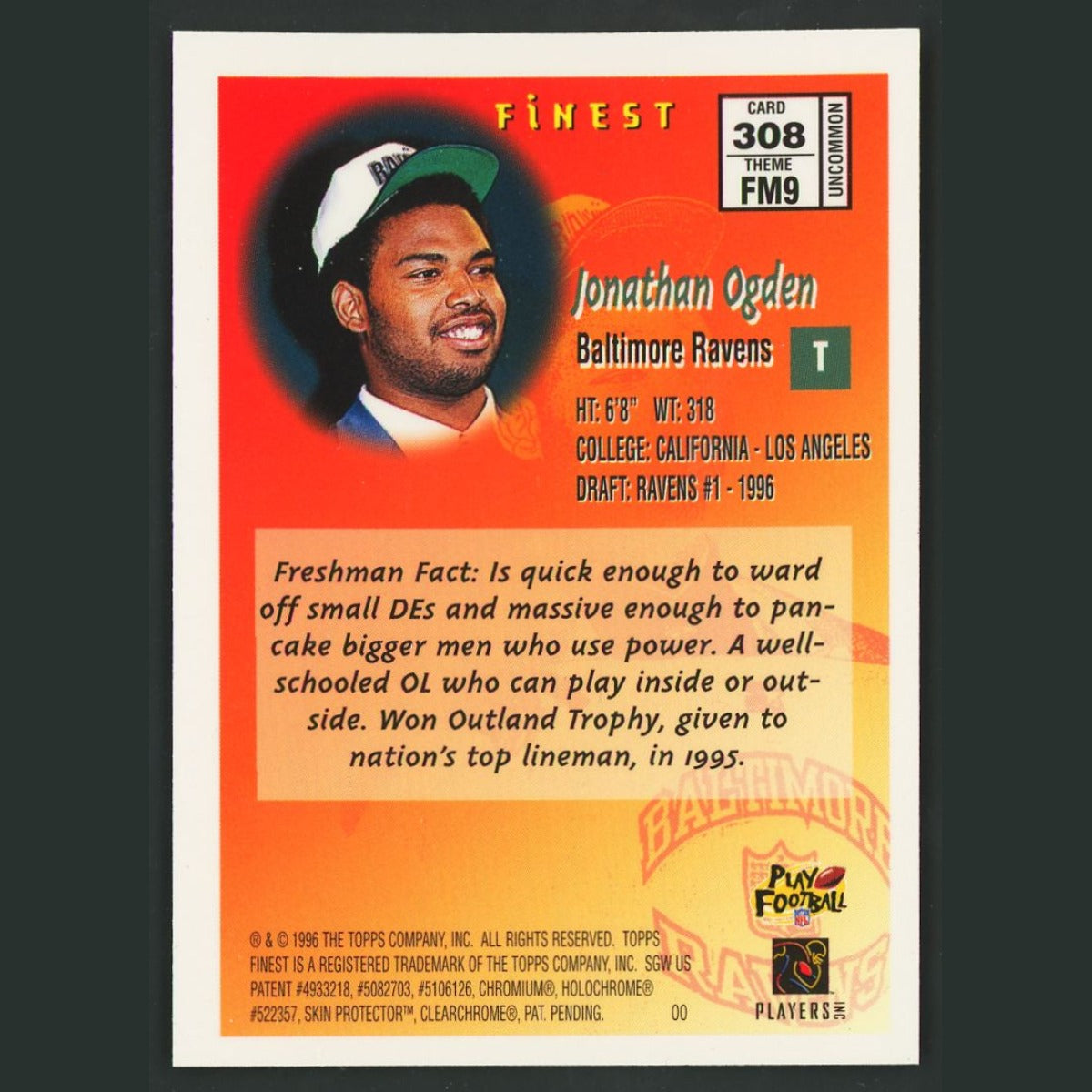 Jonathan Ogden Rookie #308 1996 Finest Baltimore Ravens Football Card NFL