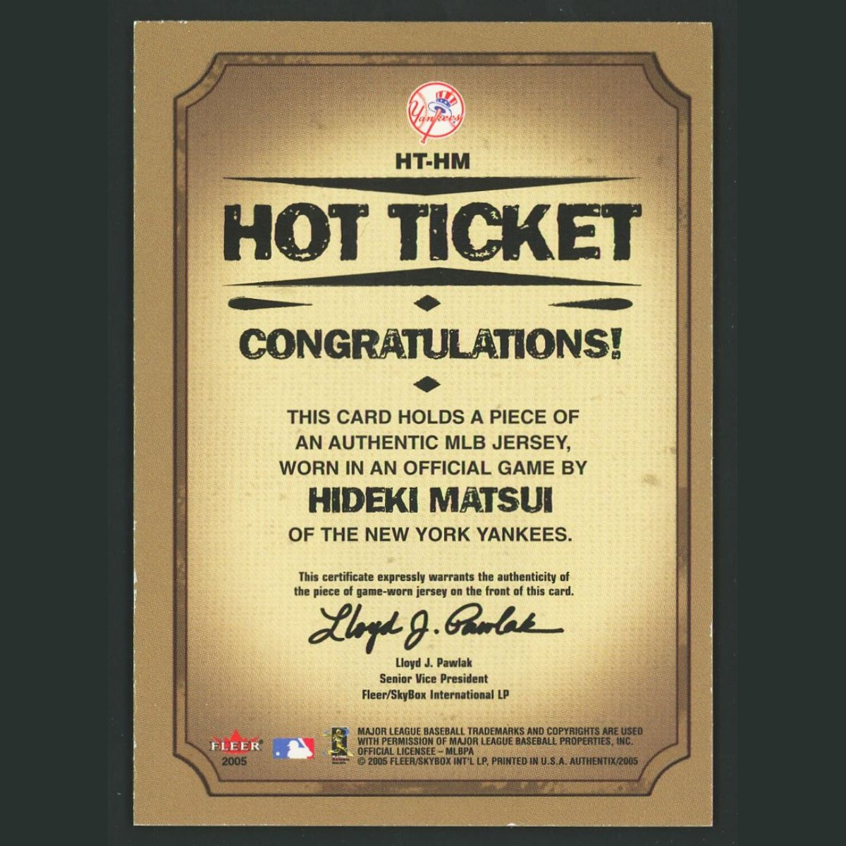 Hideki Matsui Patch #HT-HM 2005 Fleer Authentix Hot Ticket Jersey Yankees Card