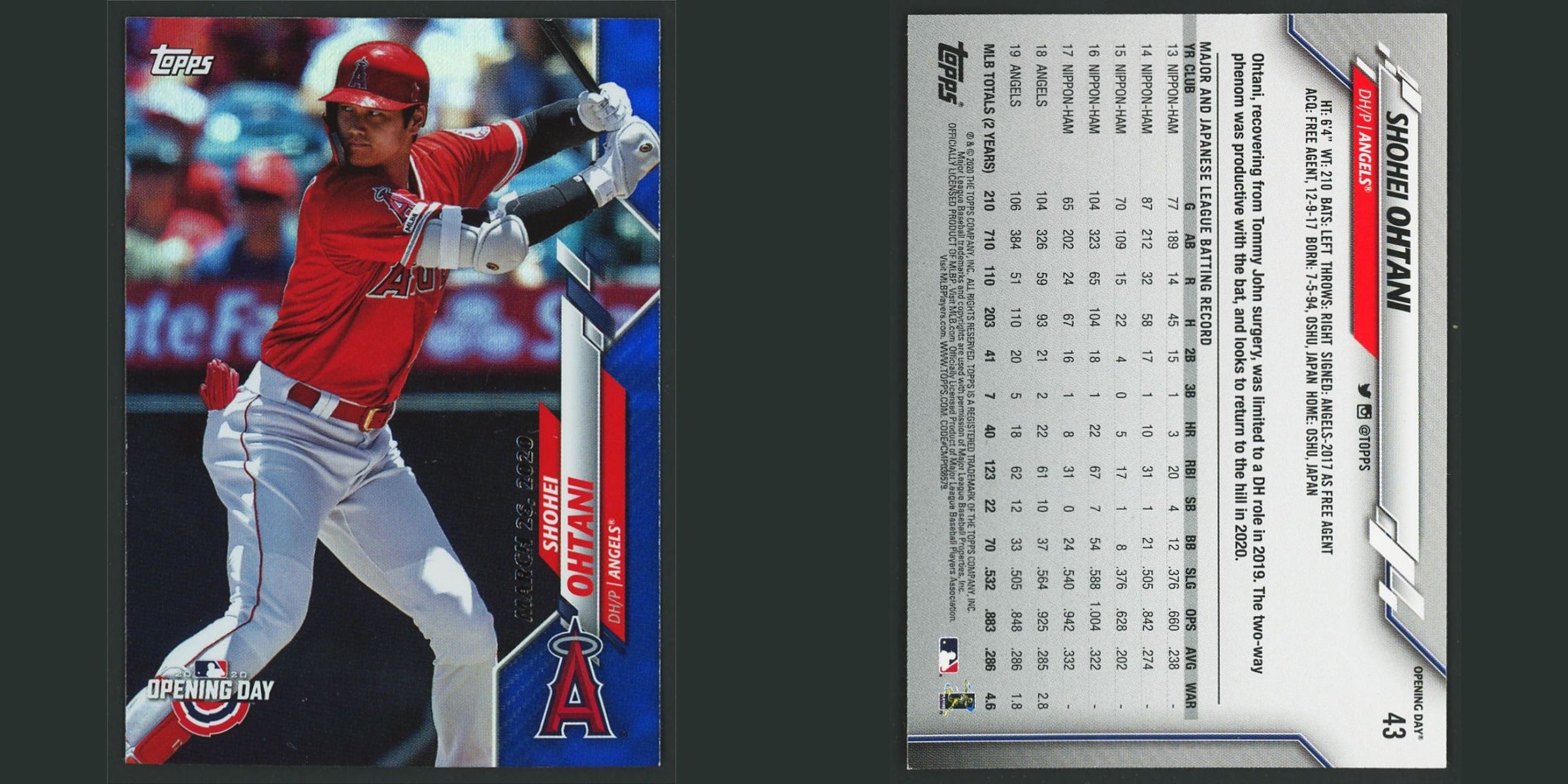 Shohei Ohtani #43 2020 Topps Opening Day Edition Blue Foil Los Angeles Angels