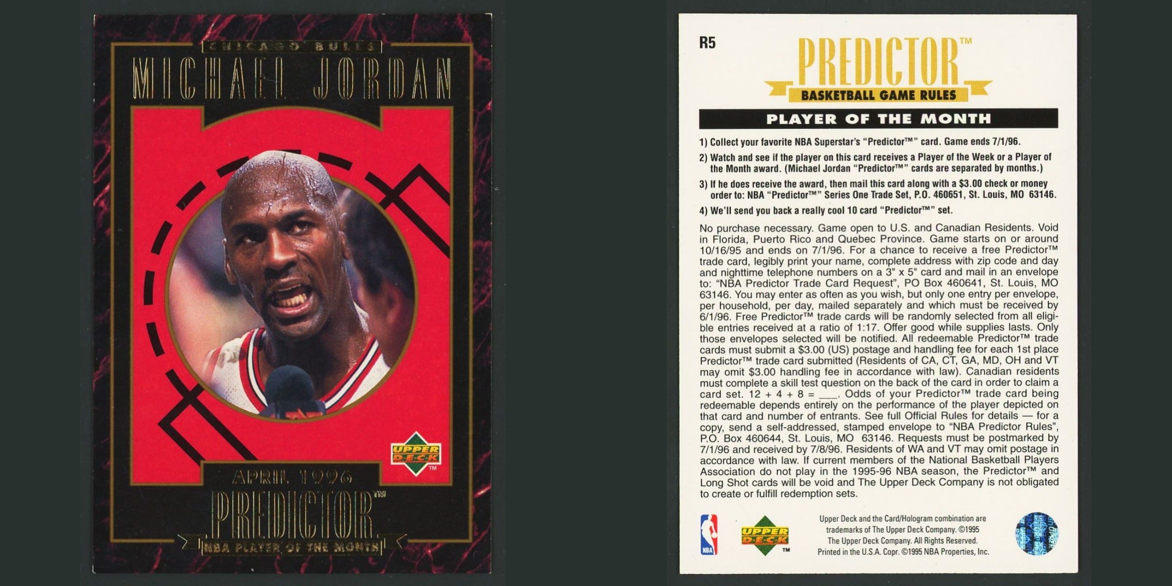 Michael Jordan #R5 1995-96 Upper Deck Predictors Player of the Month Bulls Card